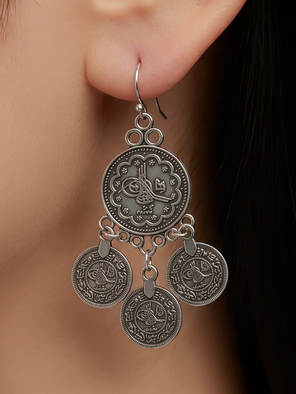 Antique Silver Ottoman Coin Dangle Earrings Boho Chic Festival Statement Jewelry